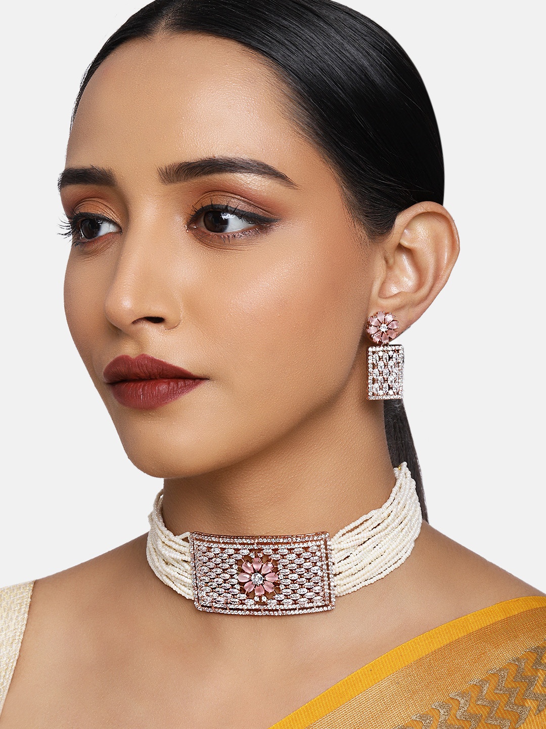 

justpeachy Pink & White Rose Gold-Plated AD Studded Jewellery Set
