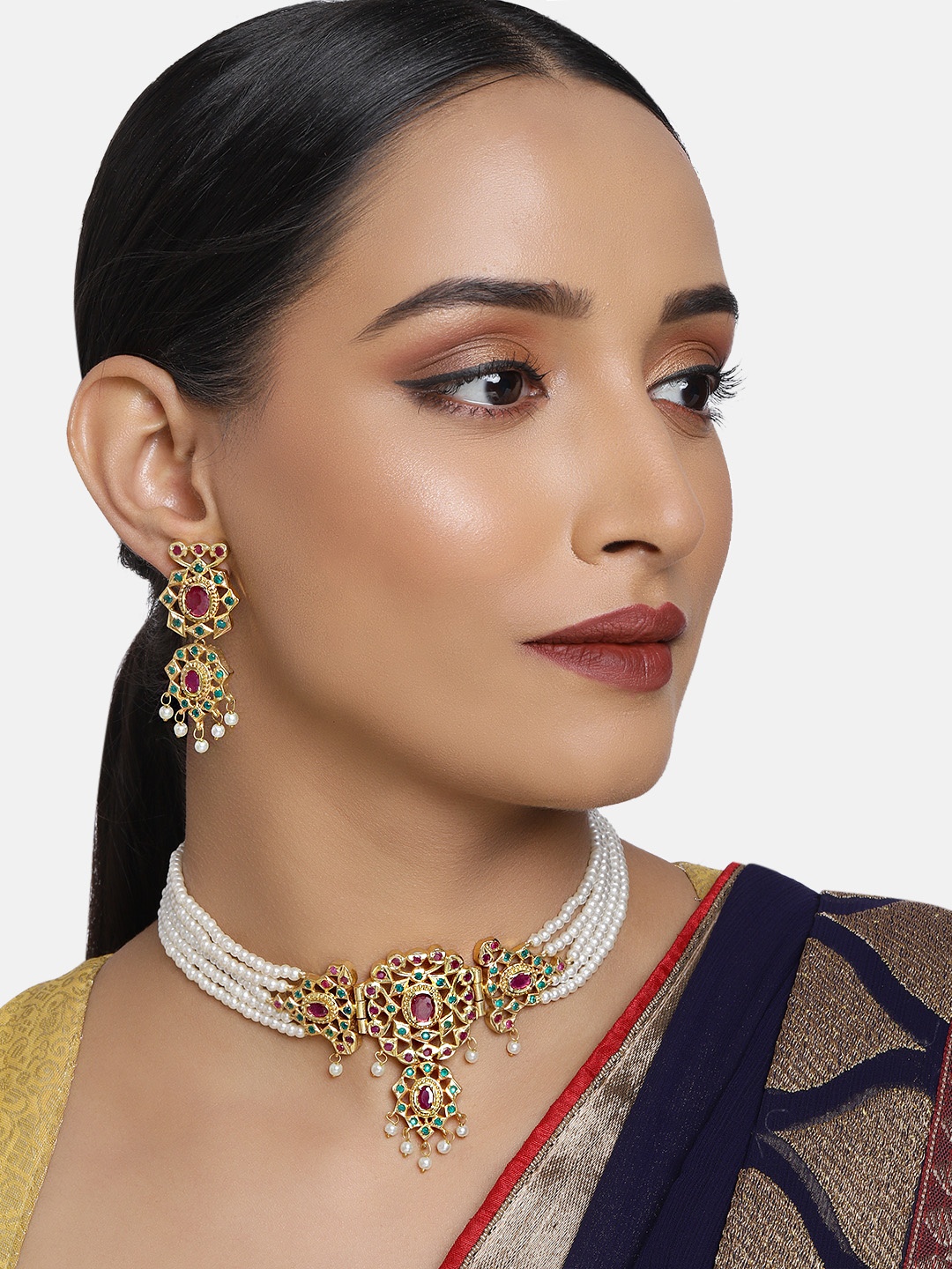 

Justpeachy White & Pink Gold-Plated Stone Studded Jewellery Set