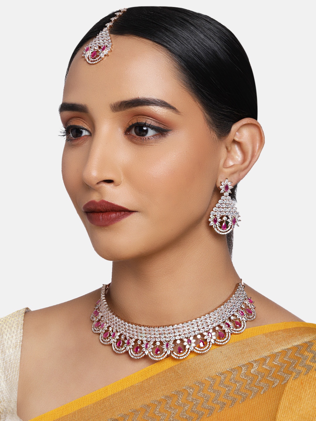 

justpeachy White & Pink Gold-Plated AD Studded Jewellery Set
