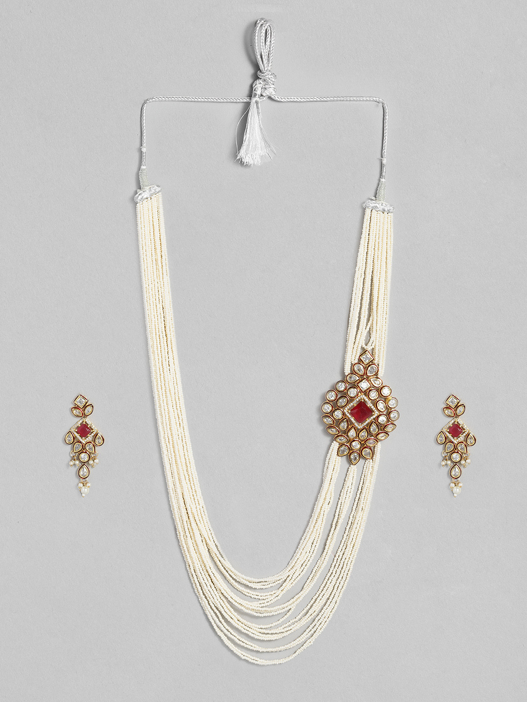 

justpeachy Off-White & Red Gold-Plated Kundan Studded Necklace & Earrings Jewellery Set