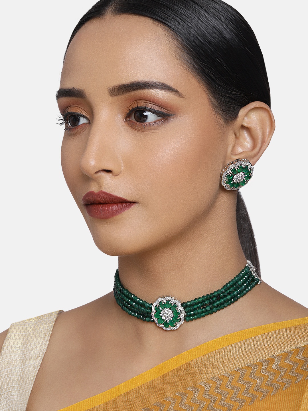 

justpeachy Women Green AD Studded Jewellery Set