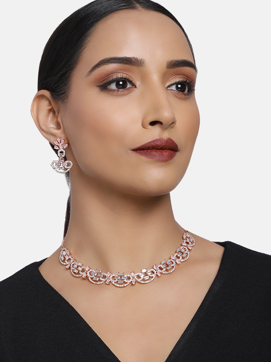 

Justpeachy Pink & White Rose Gold Plated American Diamond Jewellery Set