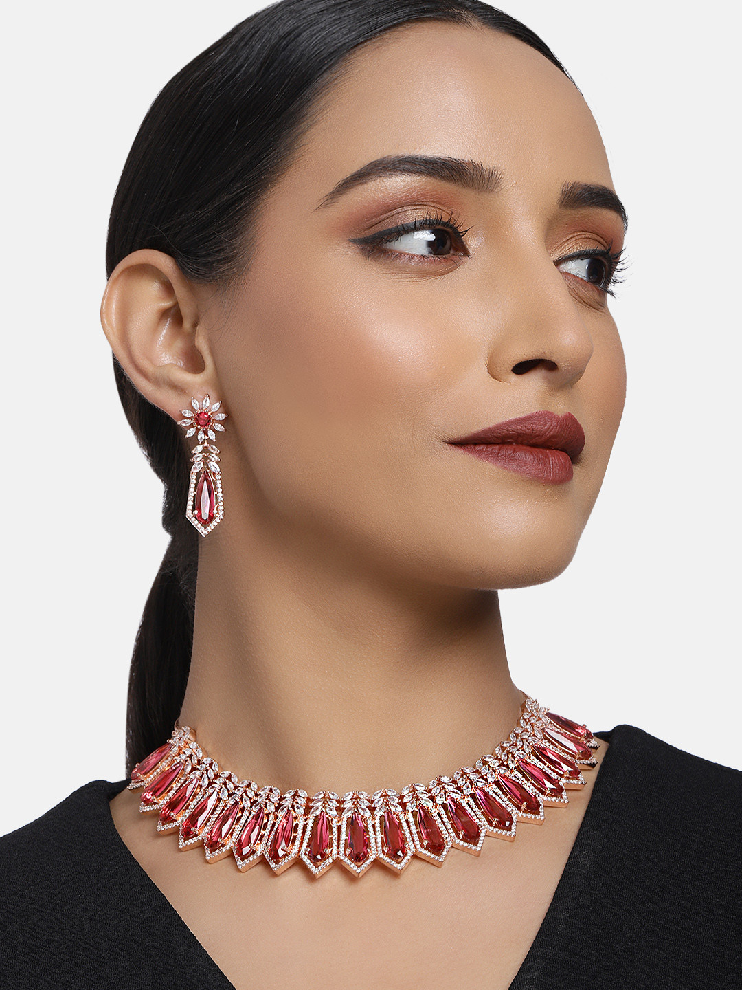 

justpeachy Pink Gold-Plated AD Studded Jewellery Set