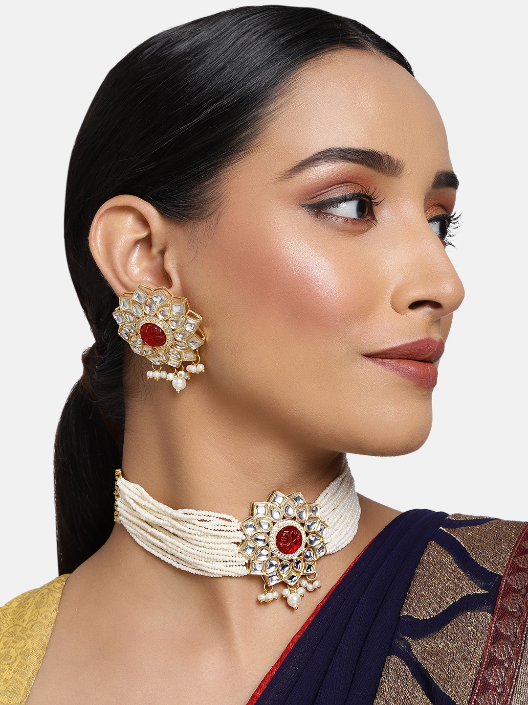 

justpeachy Off-White & Red Gold-Plated Kundan Studded Handcrafted Jewellery Set
