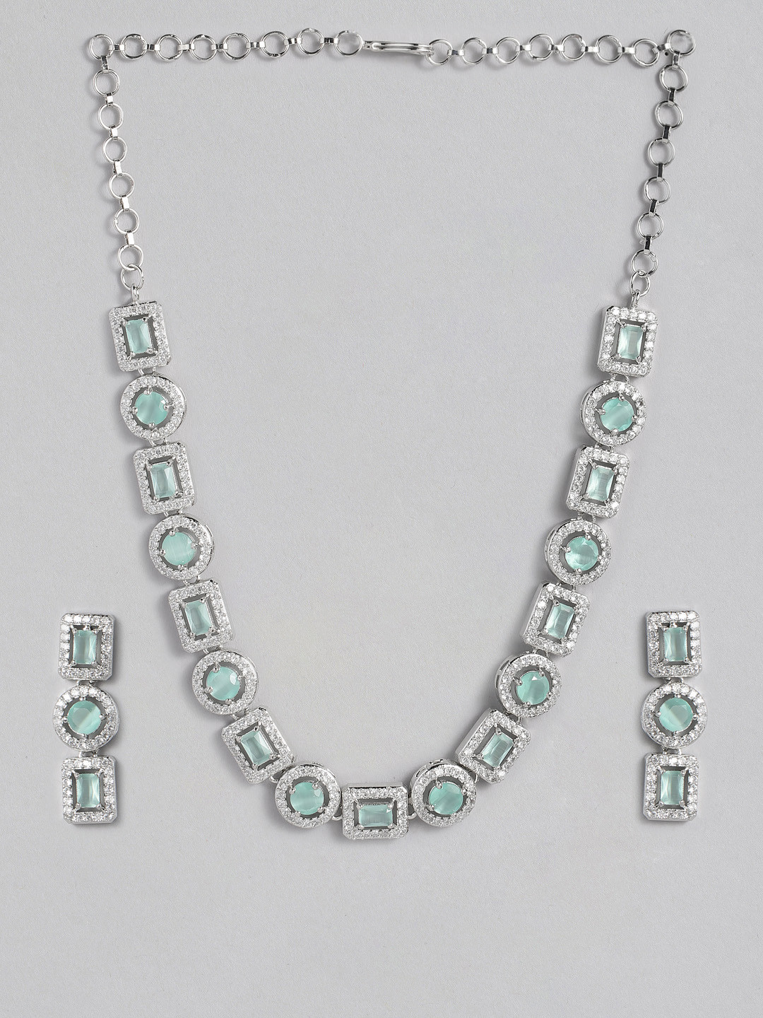 

justpeachy Green & White Rhodium Plated AD Studded Jewellery Set