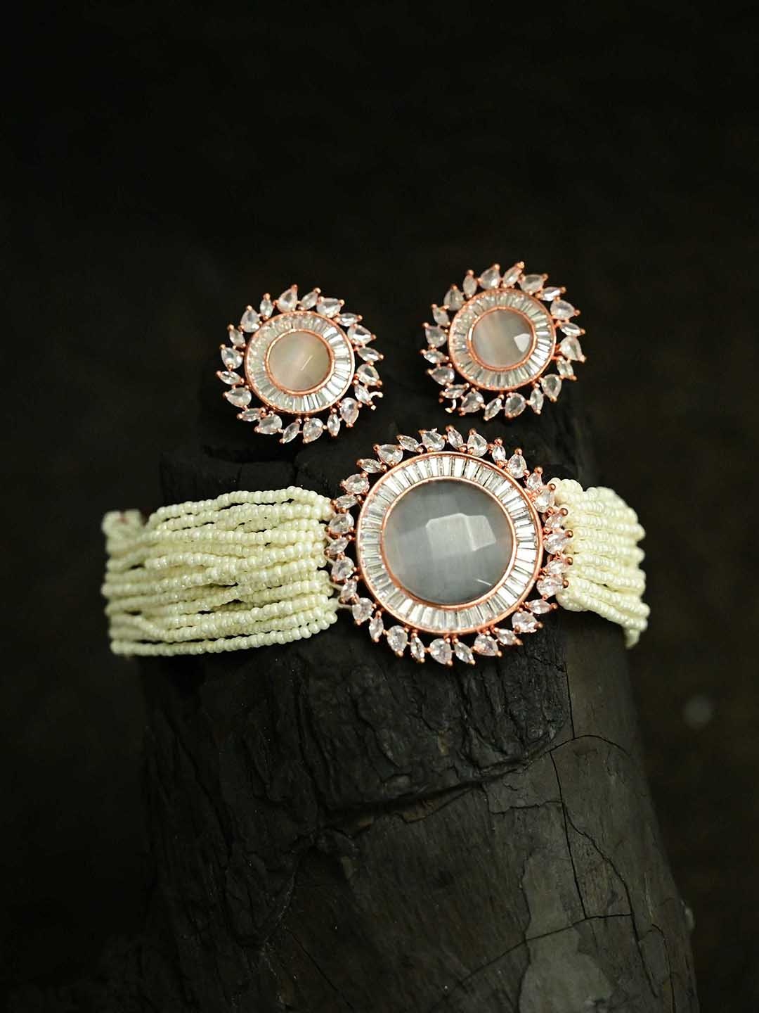 

justpeachy Off-White & Grey Rose Gold-Plated American Diamond Studded Jewellery Set