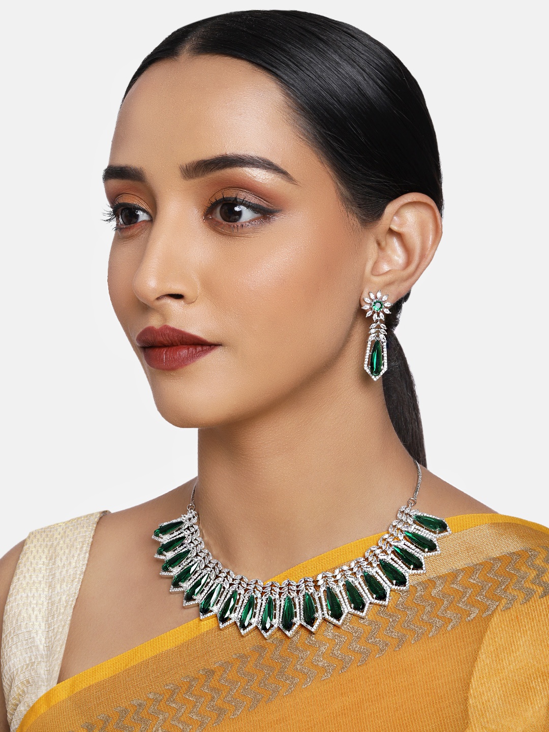 

justpeachy Green & White Rhodium Plated AD Studded Jewellery Set