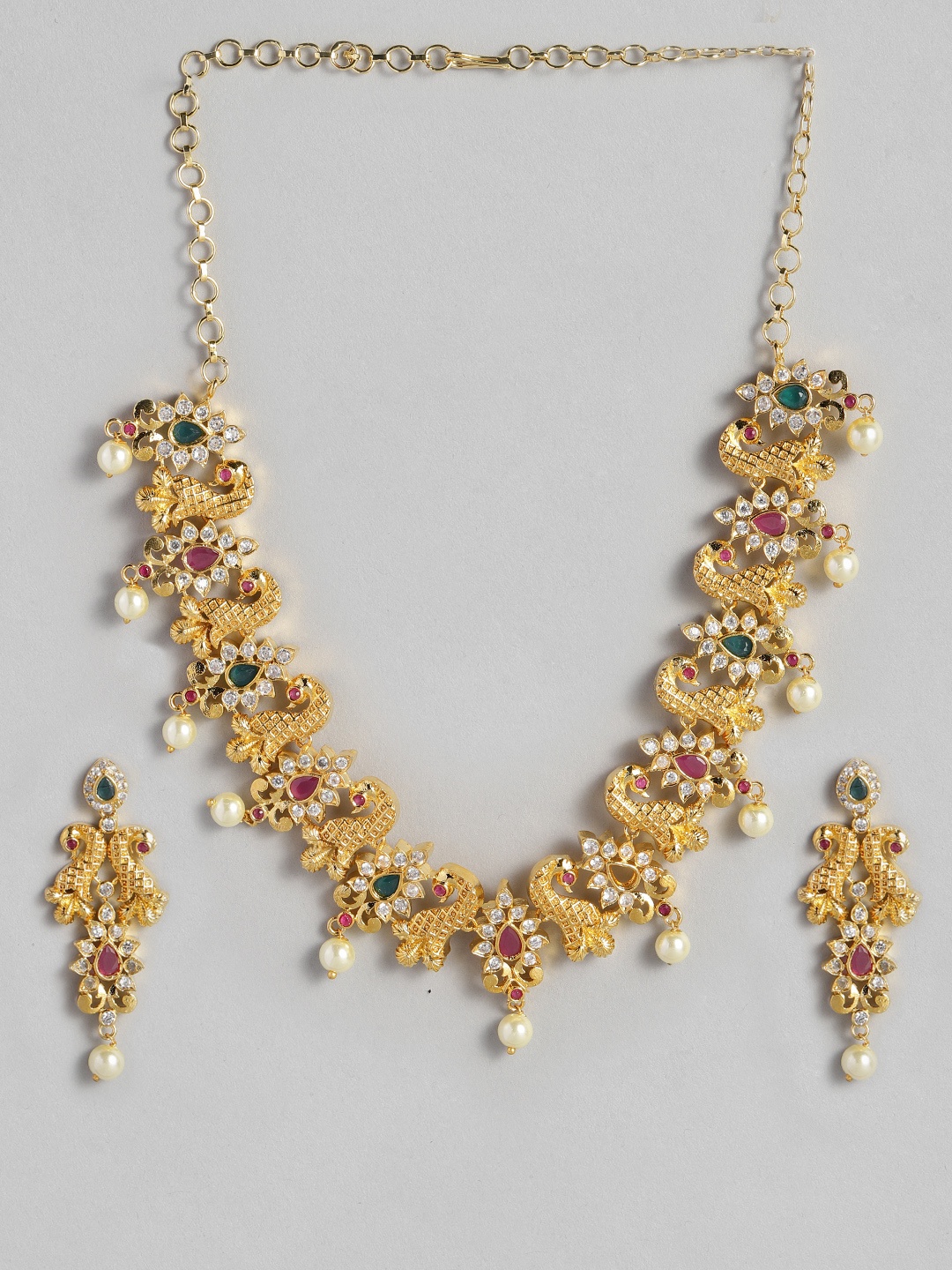 

Justpeachy Gold-Plated White & Green Stone Studded Jewellery Set