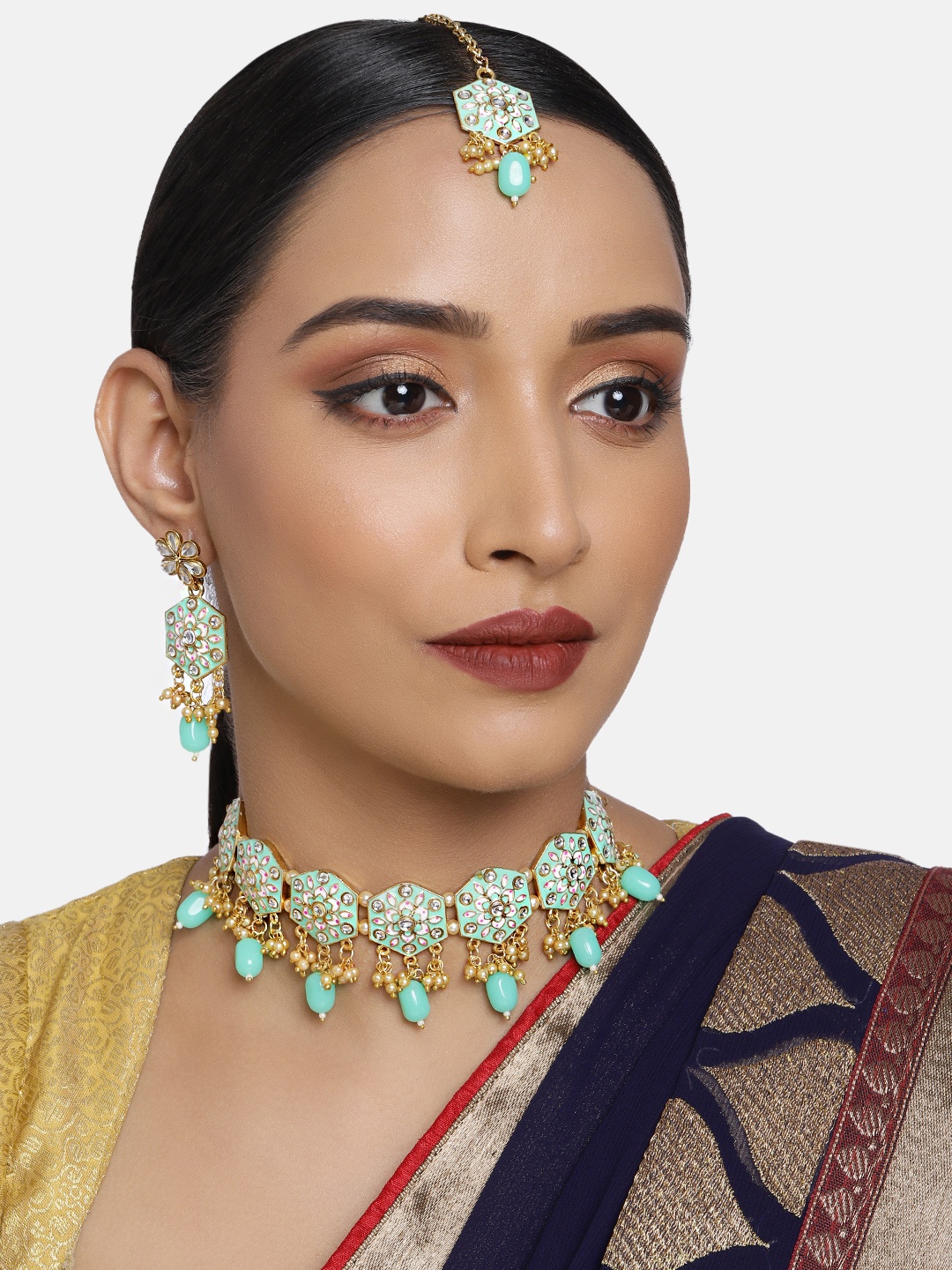 

Justpeachy Sea Green Gold-Plated Enamelled Stone Studded Jewellery Set