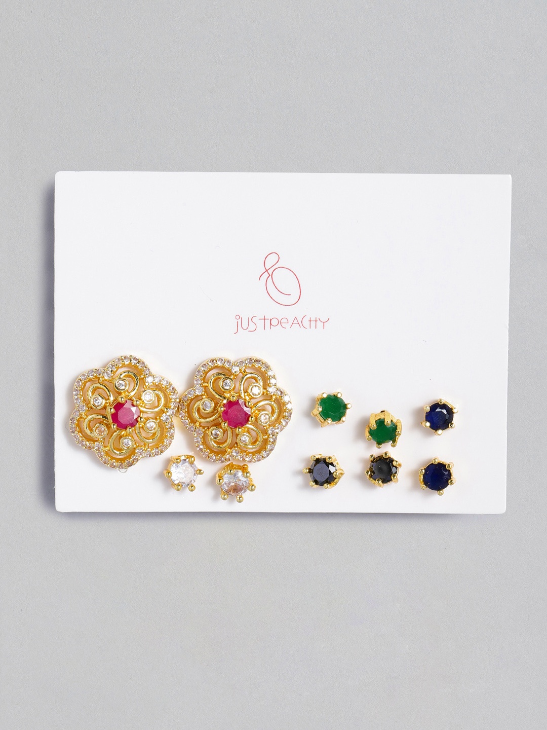 

justpeachy Set of 5 Gold-Plated Floral Detachable Oversized AD Studded Studs