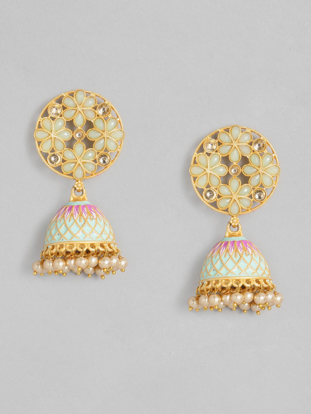 

justpeachy Mint Green & Pink Gold-Plated Meenakari Dome Shaped Jhumkas