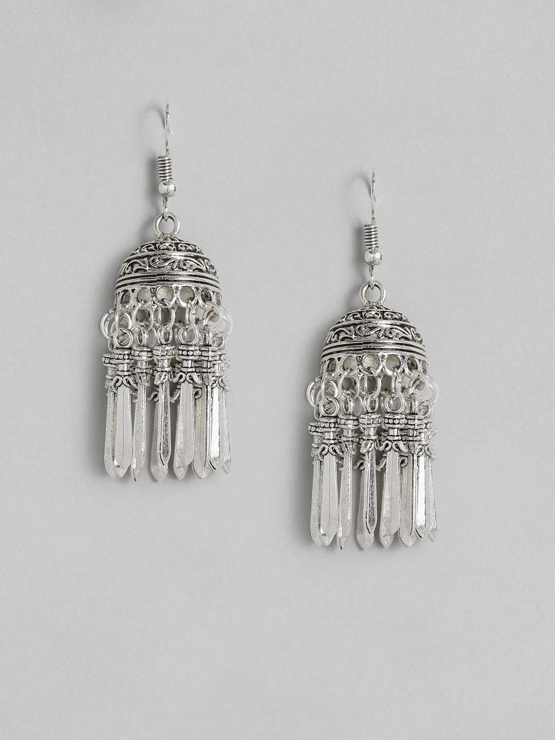 

Justpeachy Silver-Plated Oxidised Dome Shaped Jhumkas
