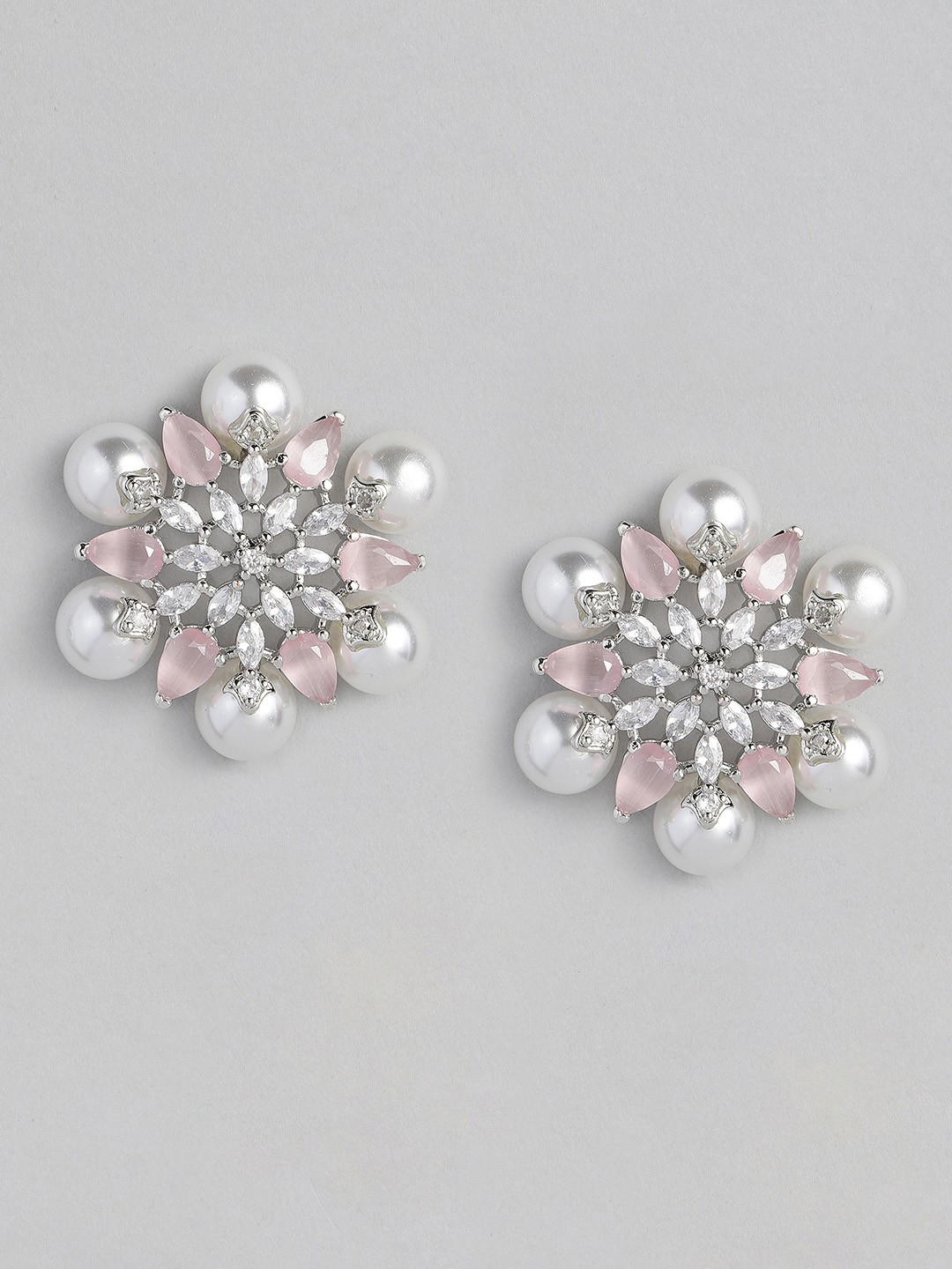 

justpeachy Pink & White Rhodium Plated AD Studded Floral Studs