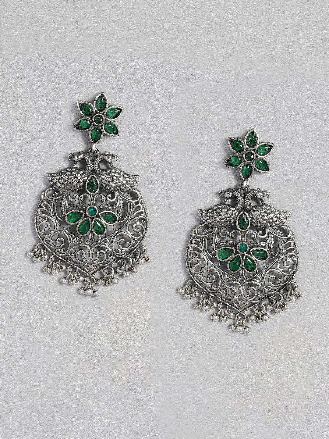 

Just Peachy Silver-Plated & Green Oxidised Classic Drop Earrings