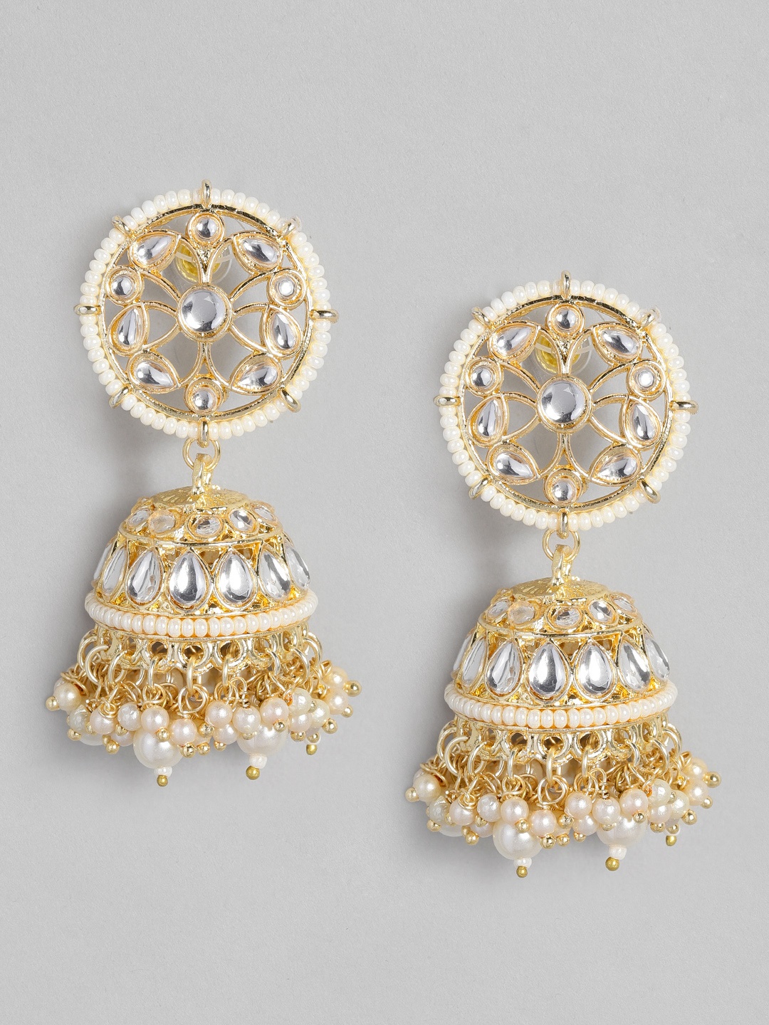 

justpeachy White Gold-Plated Kundan Embellished Dome Shaped Jhumkas