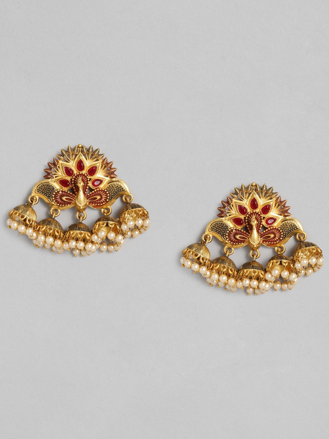 

justpeachy Red Gold-Toned Embellished Meenakari Dome Shaped Jhumkas