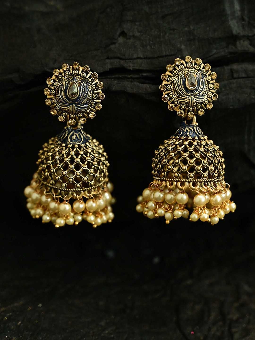 

justpeachy Blue Gold-Plated Meenakari Embellished Dome Shaped Jhumkas