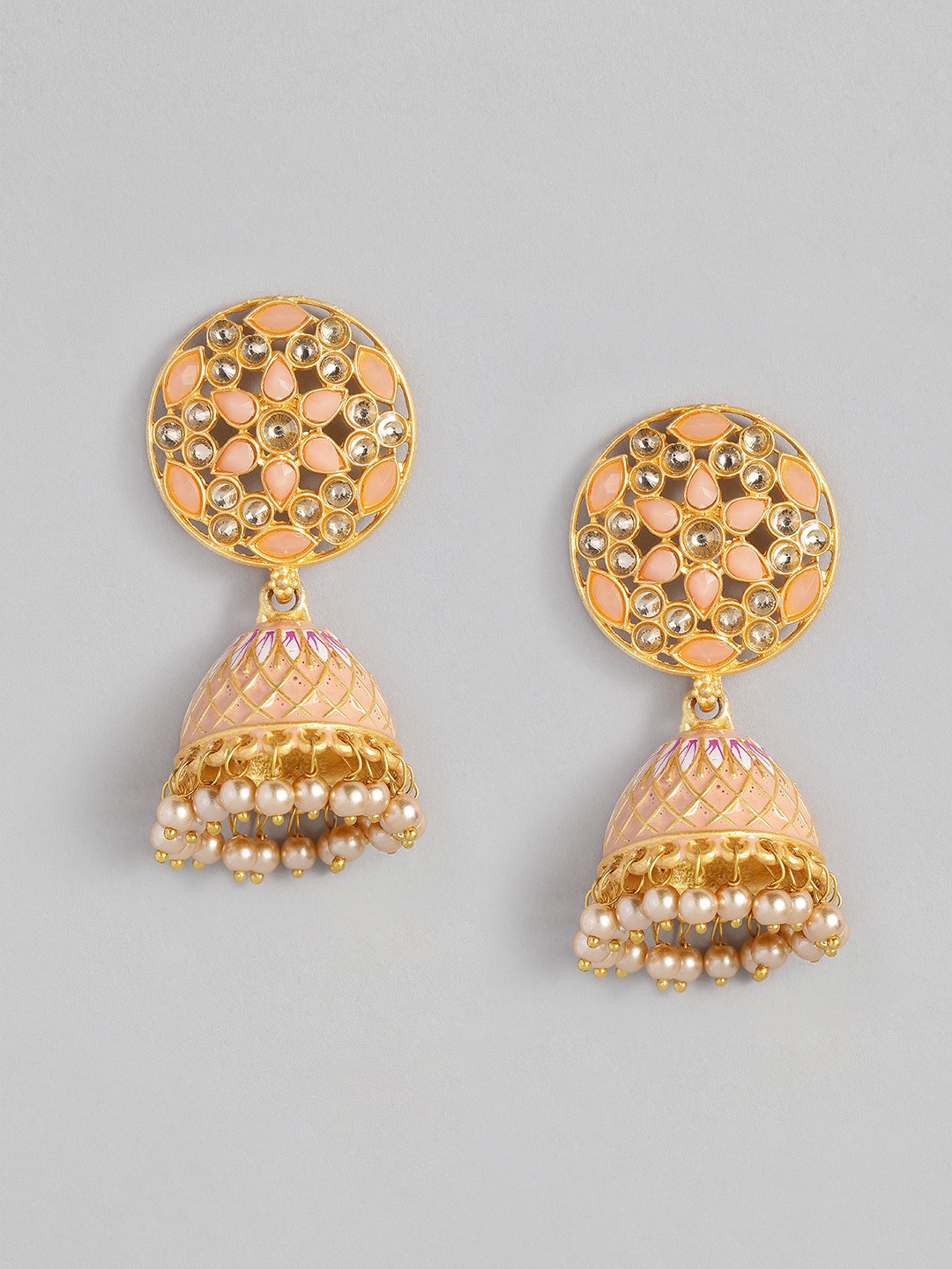 

justpeachy Peach-Coloured Gold-Plated Enamelled Dome Shaped Jhumkas