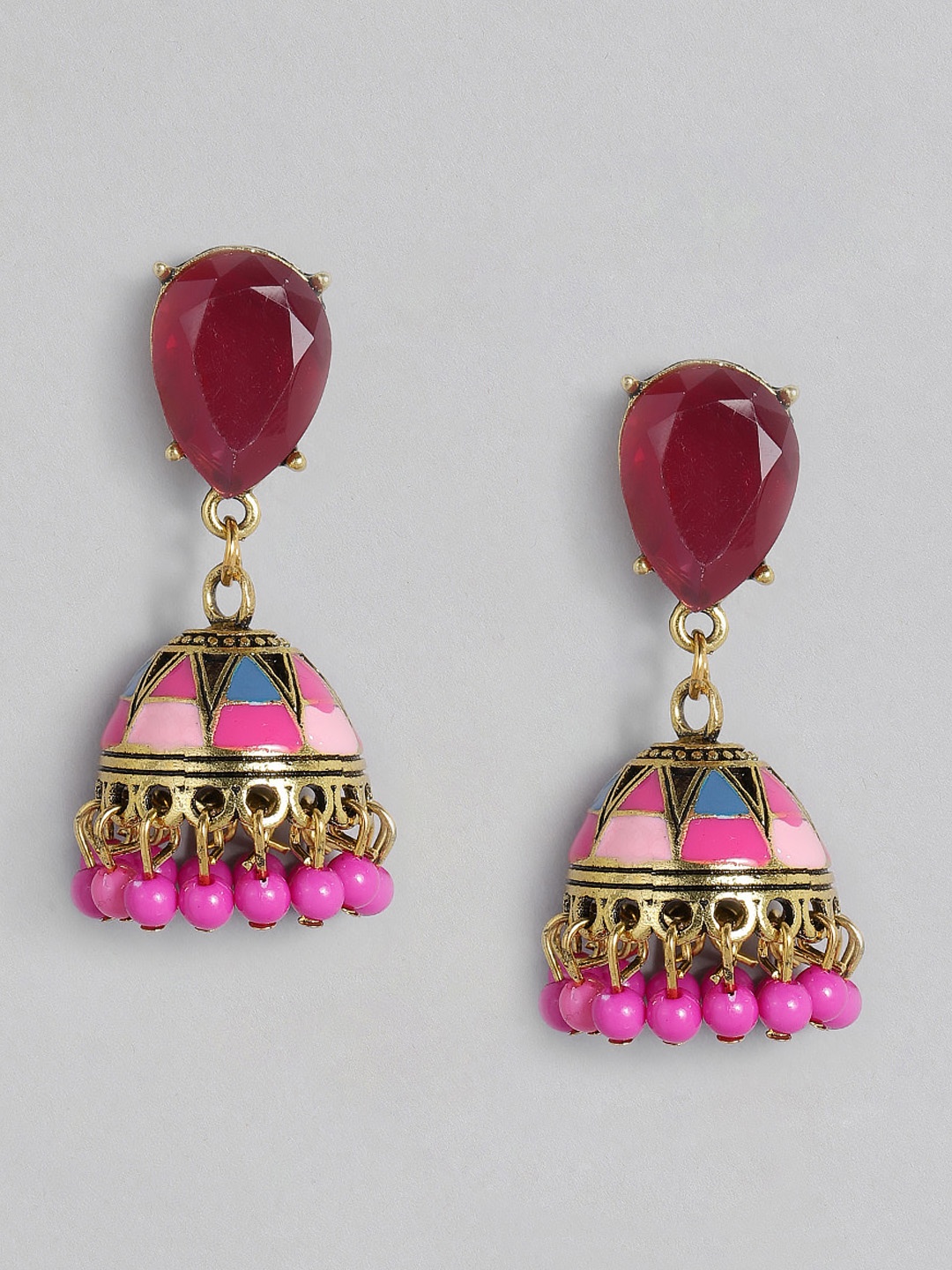 

justpeachy Red & Pink Gold-Plated Enamelled Embellished Classic Jhumkas