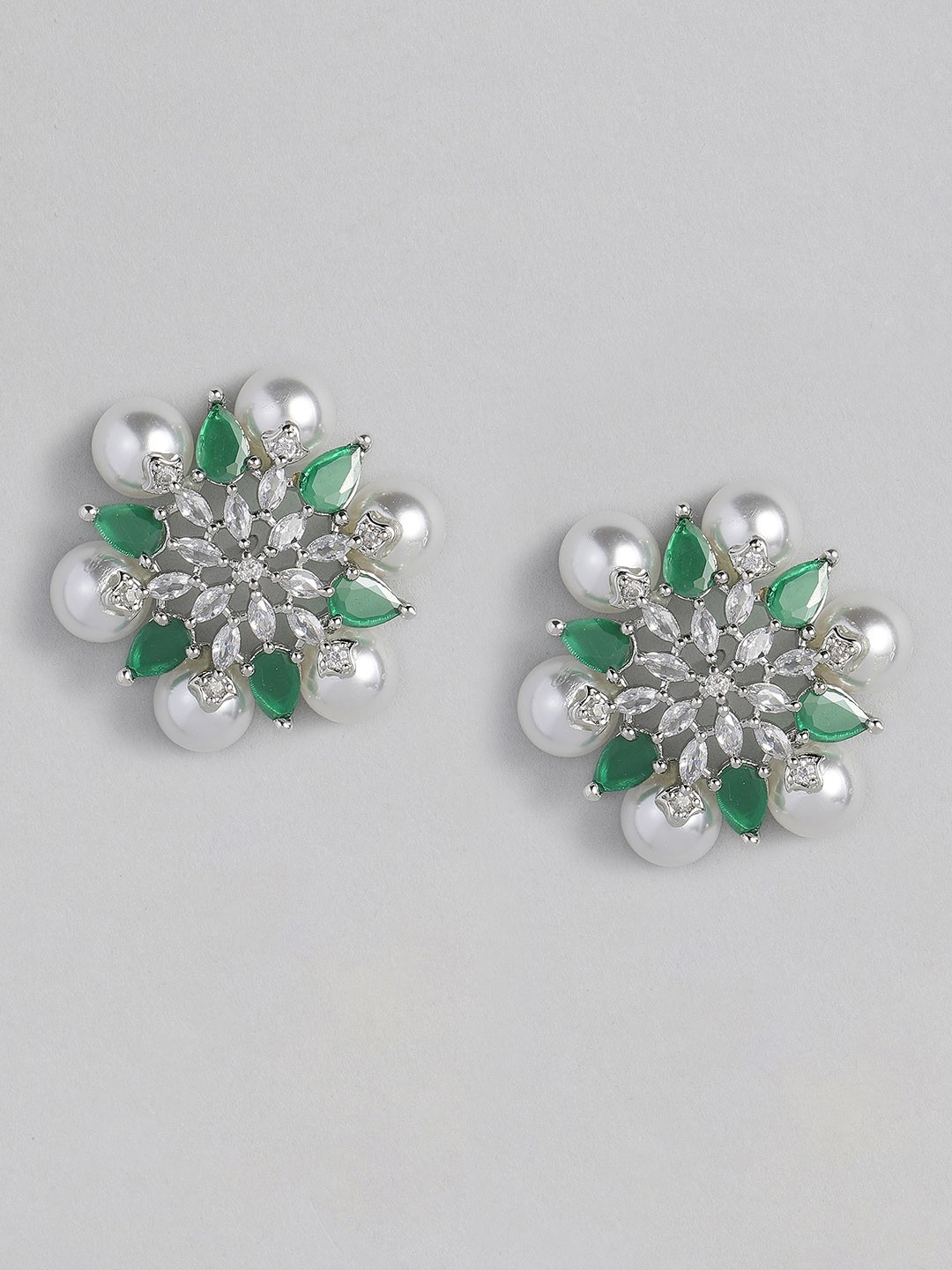

justpeachy Green & Silver-Toned Rhodium Plated Floral Studs