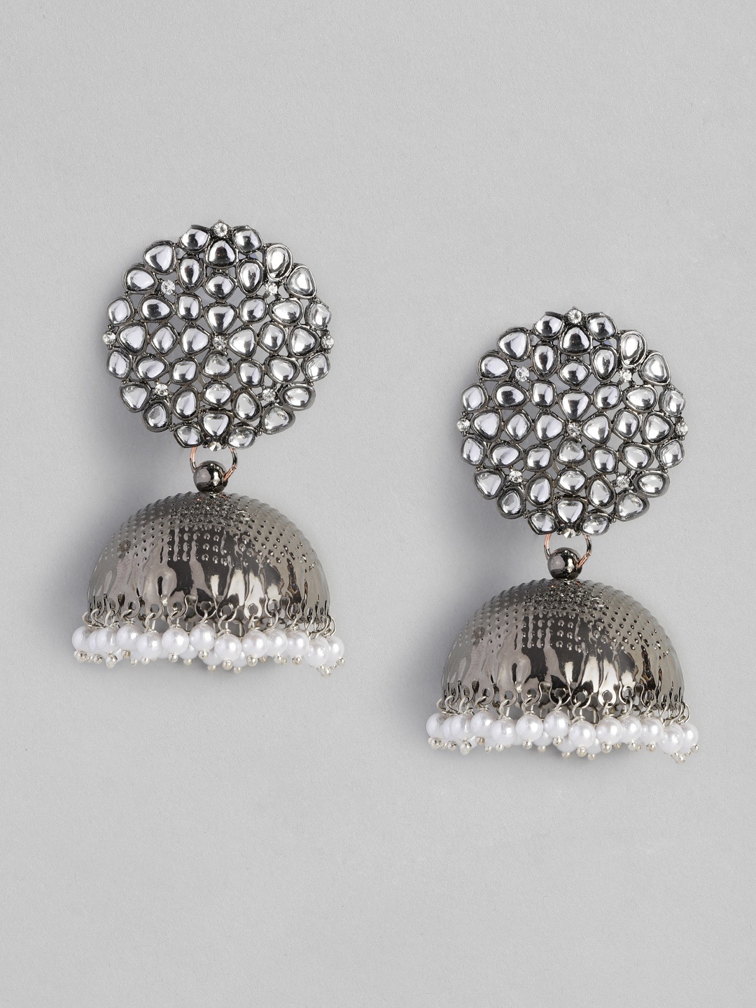 

justpeachy Oxidized White Silver-Plated Stone Studded Dome Shaped Jhumkas