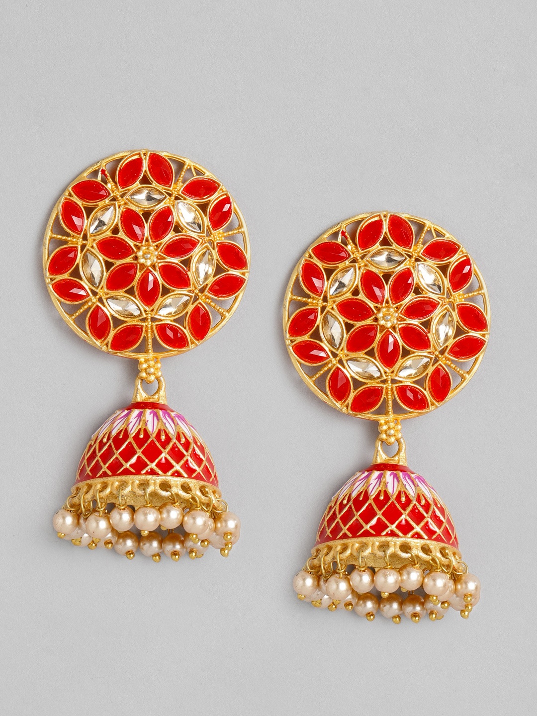 

Justpeachy Red & Gold-Toned Dome Shaped Jhumkas