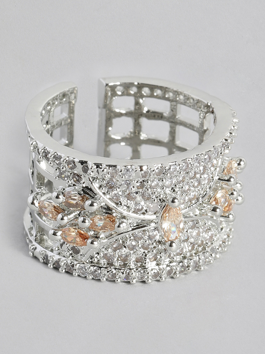 

Justpeachy Silver-Toned & Champagne American Diamond Studded Finger Ring