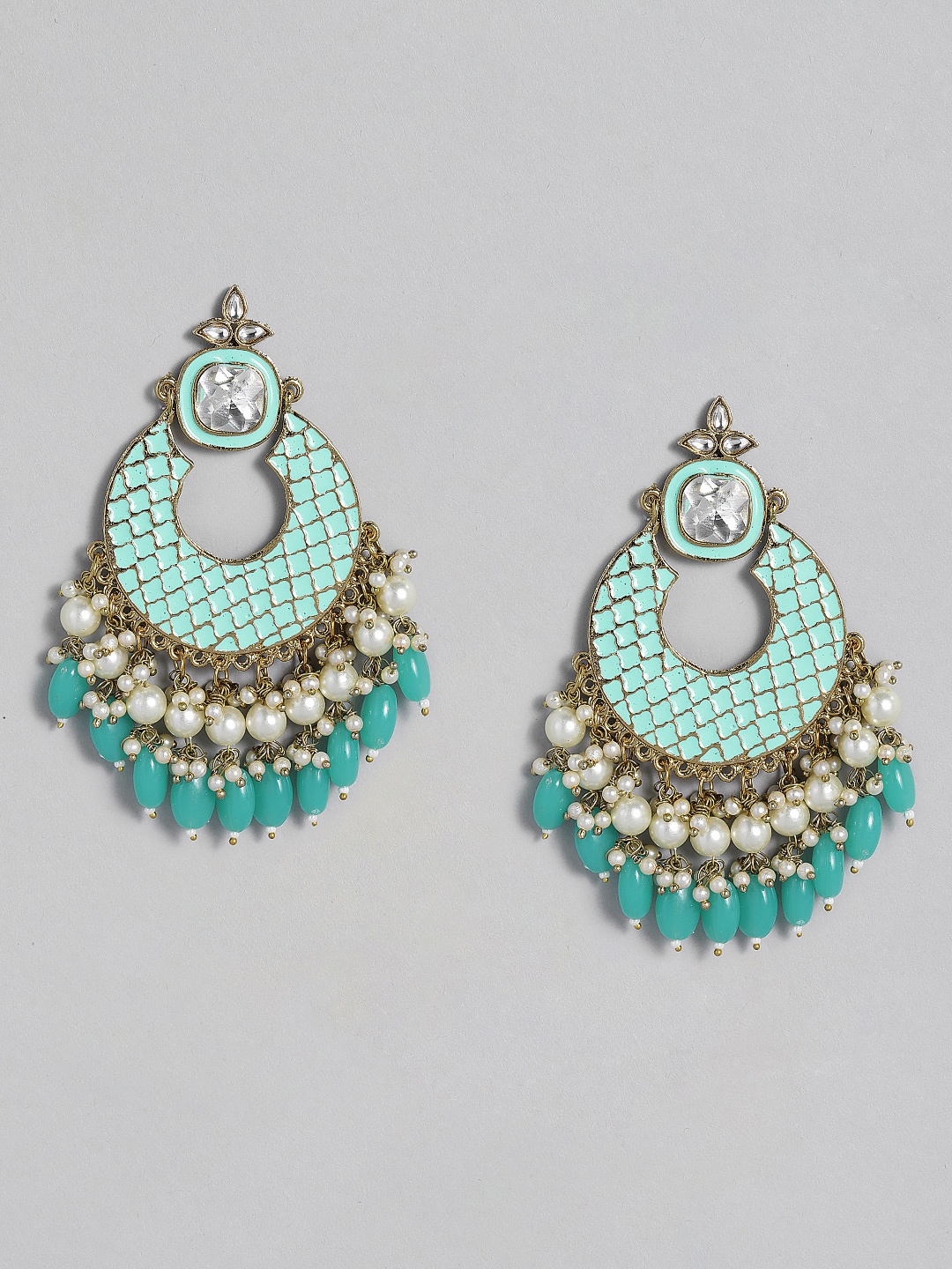 

justpeachy Blue & White Gold-Plated Enamelled Beaded Crescent Shaped Chandbalis