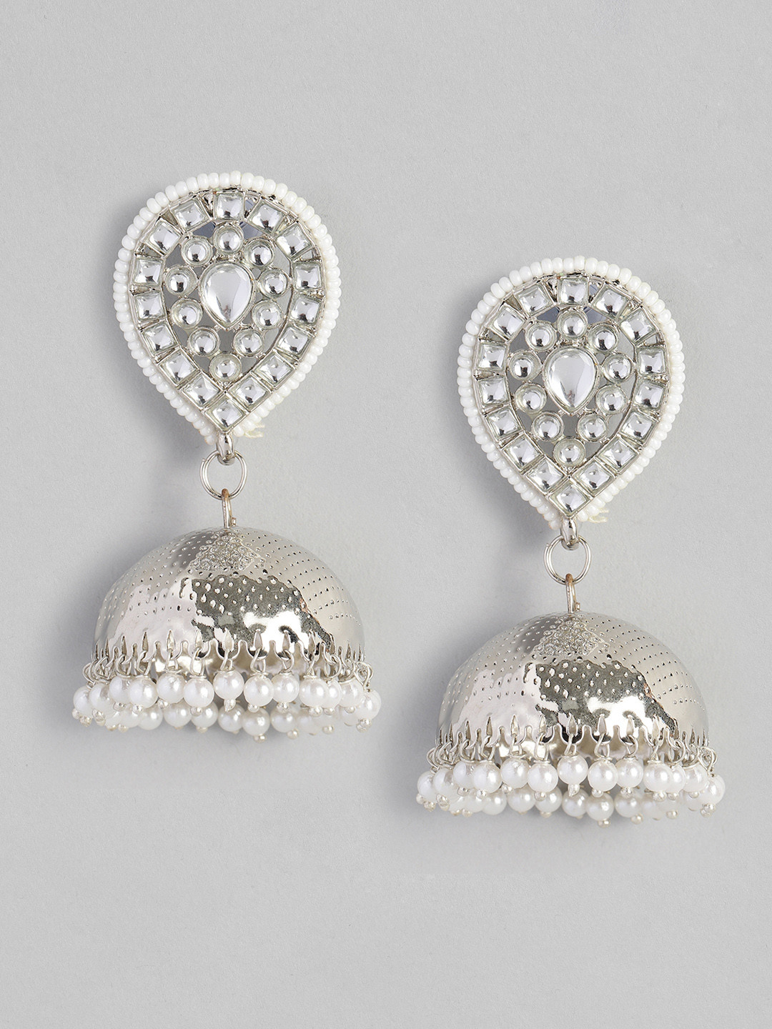 

justpeachy White Silver-Plated Stone Studded Dome Shaped Jhumkas