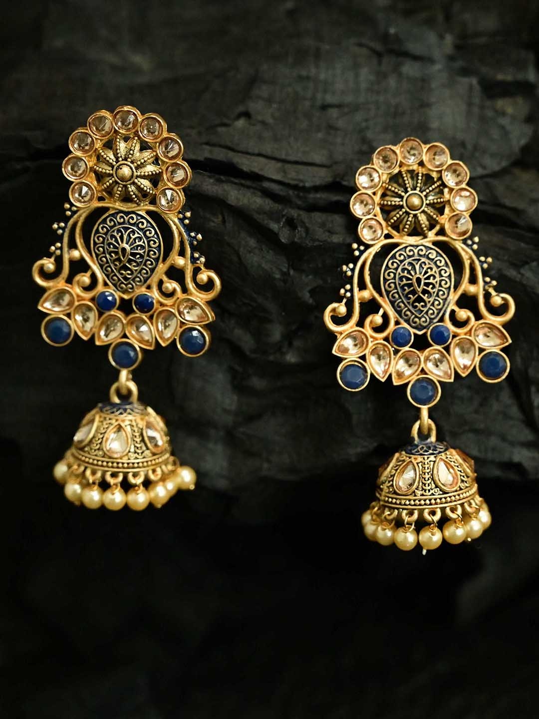 

justpeachy Blue Gold-Plated Embellished Meenakari Dome Shaped Jhumkas