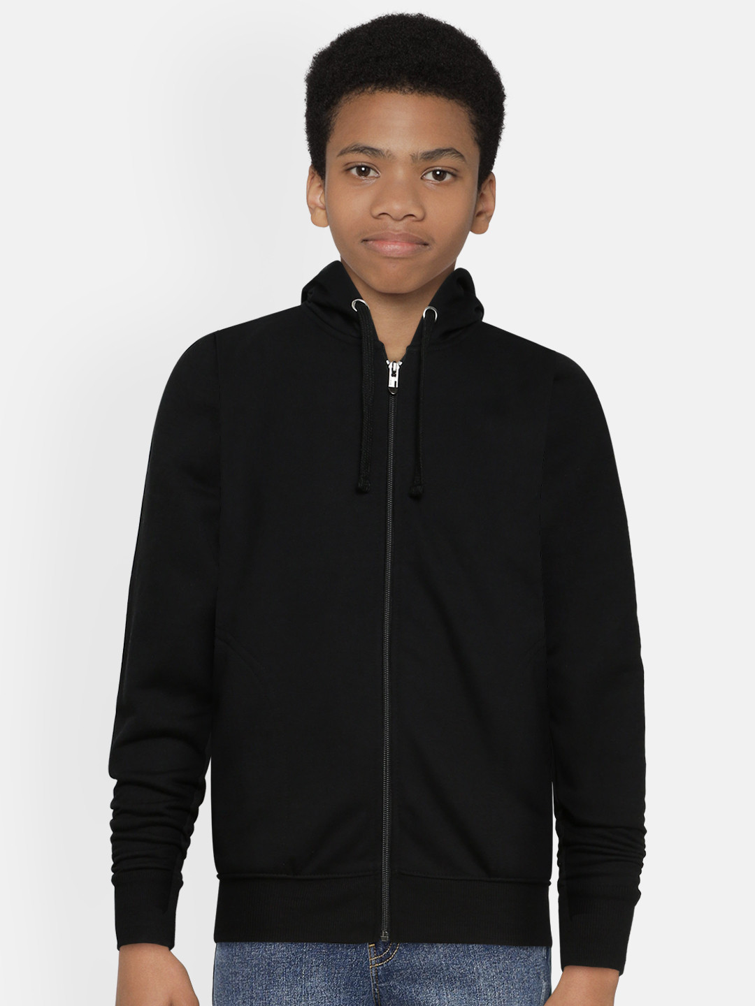 

ADBUCKS Boys Black Solid Pure Cotton Hooded Sweatshirt
