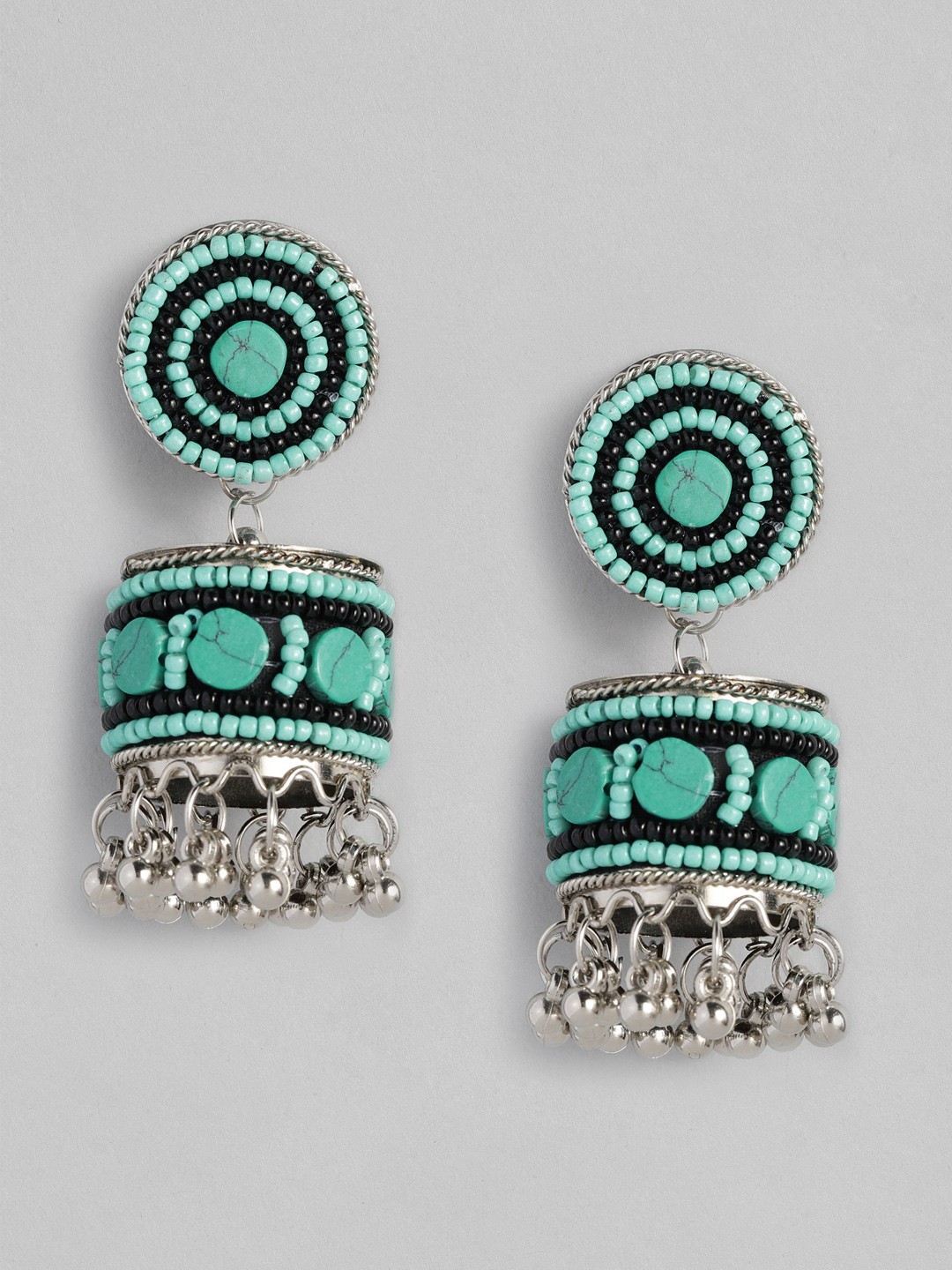 

justpeachy Turqouise Blue Silver Plated Beaded Dome Shaped Jhumkas, Turquoise blue