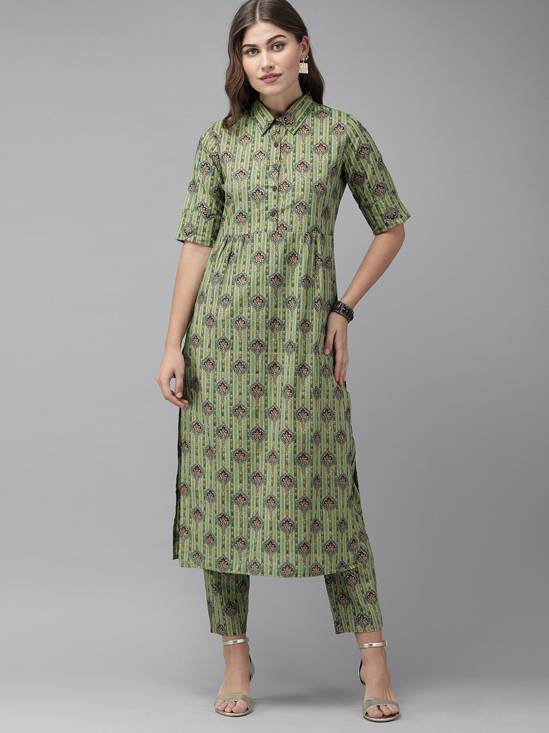

Indo Era Women Green Printed Kurta with Trousers