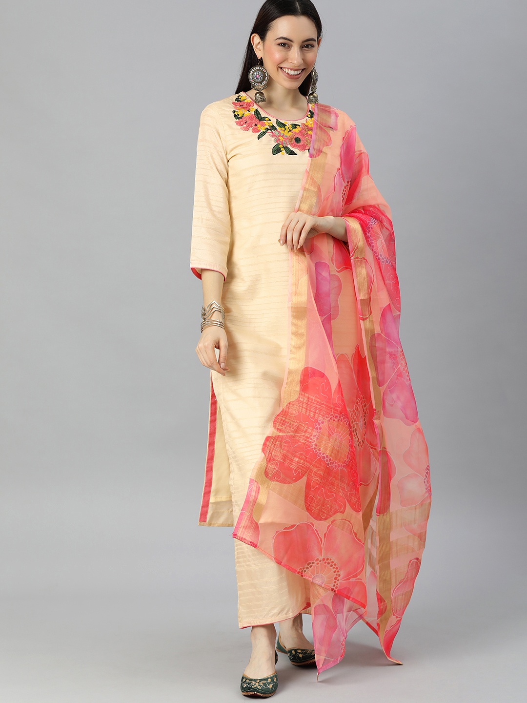 

Indo Era Women Cream-Coloured Floral Embroidered Kurta with Palazzos & Dupatta