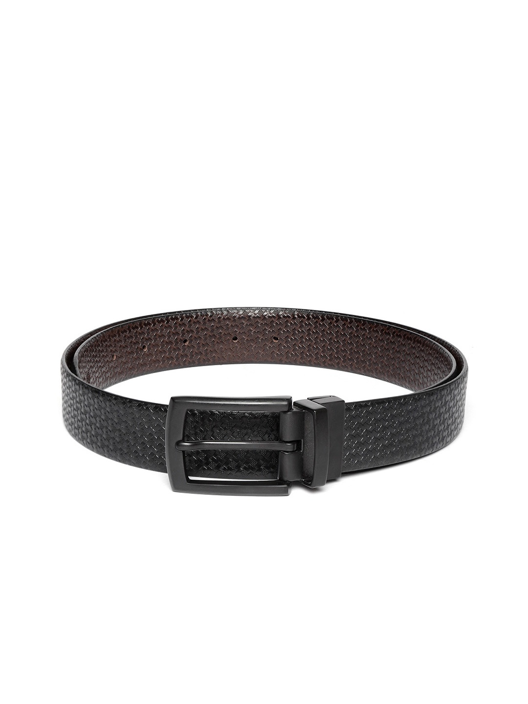 

JUNGLER Men Black & Coffee Brown Leather Basketweave Textured Reversible Belt