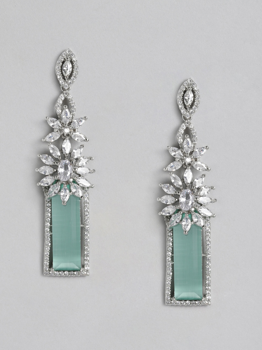 

Justpeachy Silver-Toned & Sea Green Rhodium-Plated American Diamond Drop Earrings