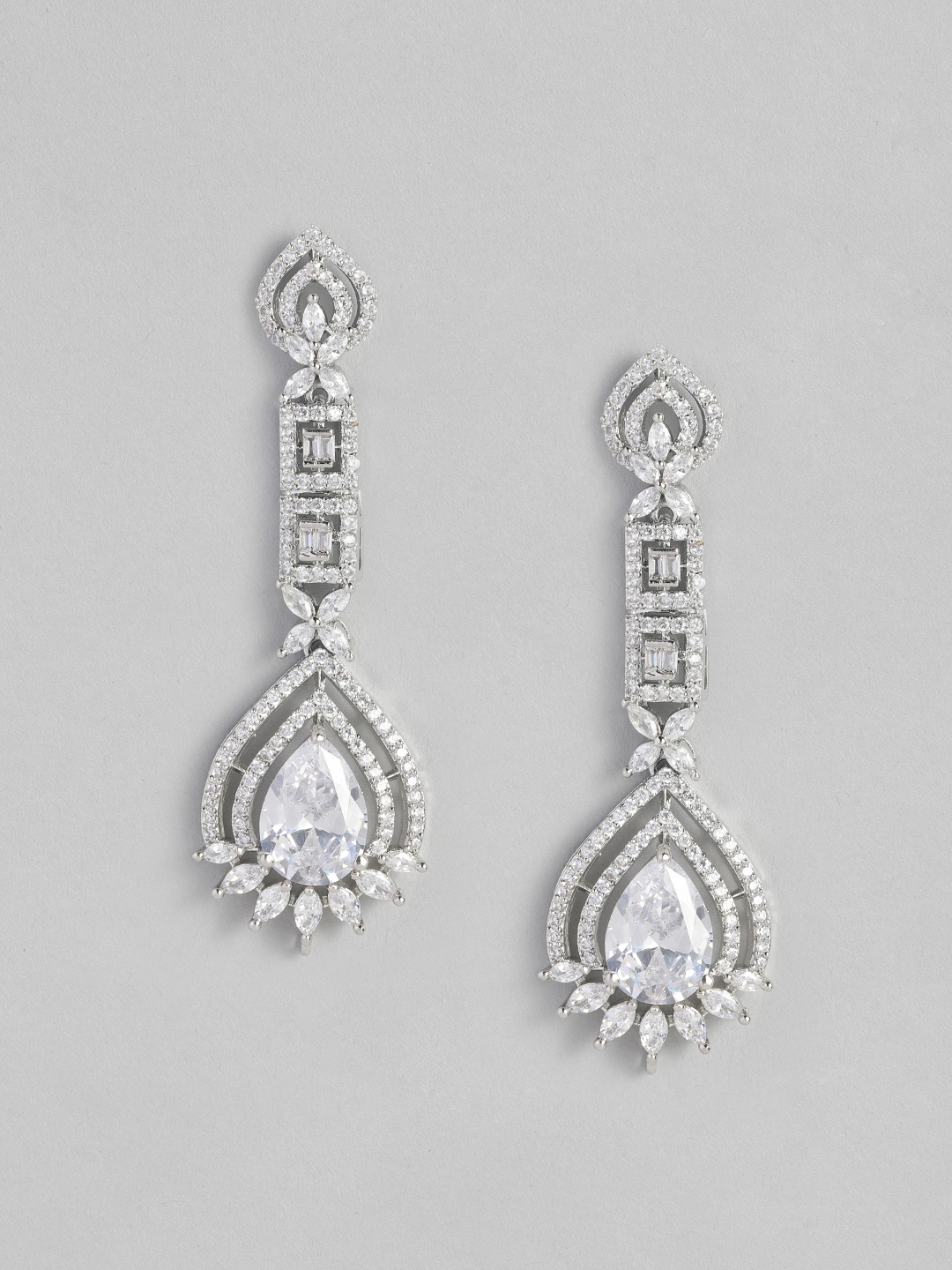 

justpeachy Silver-Toned American Diamond Drop Earrings