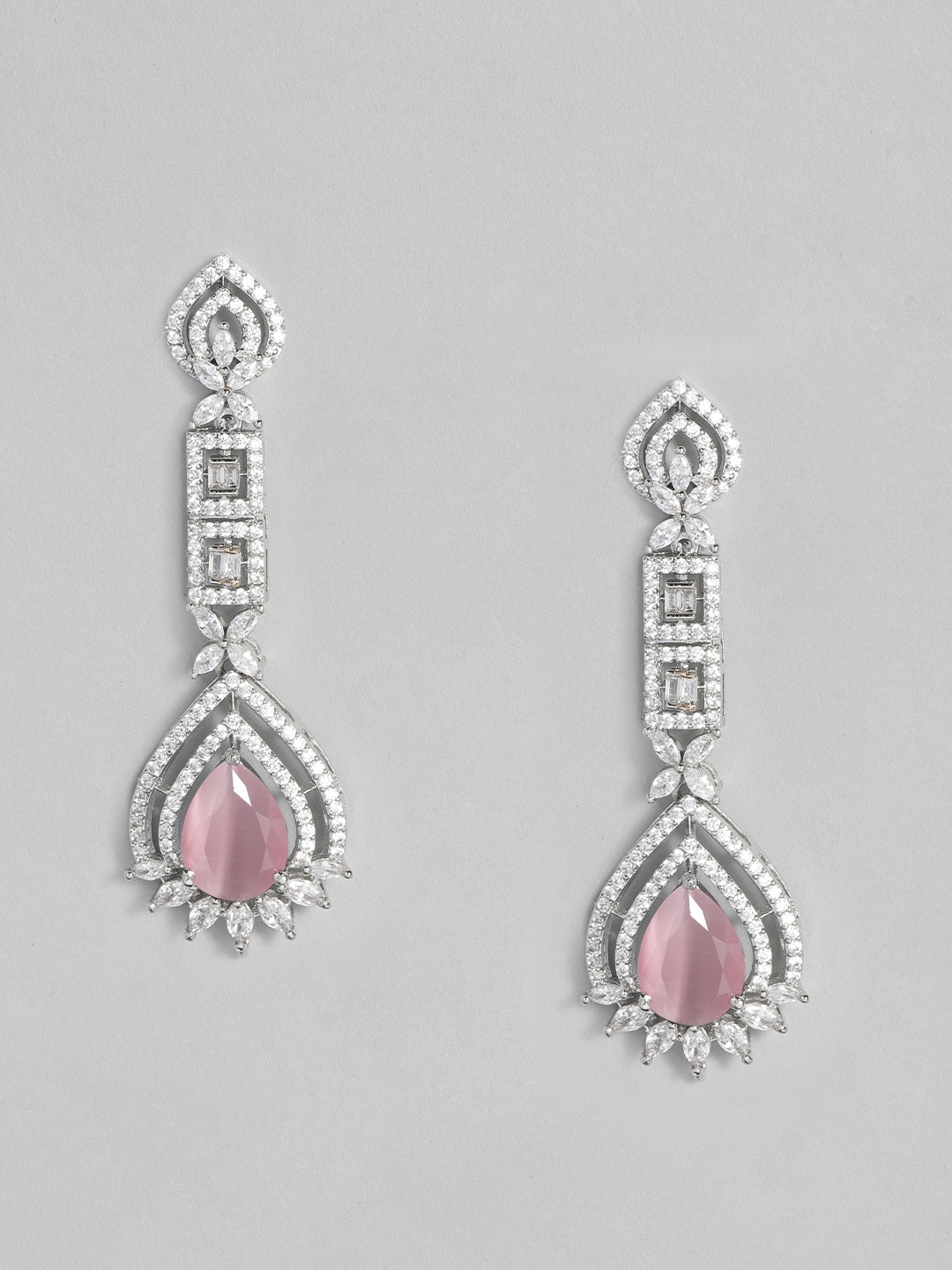

justpeachy Silver-Toned & Pink Rhodium-Plated Contemporary Drop Earrings