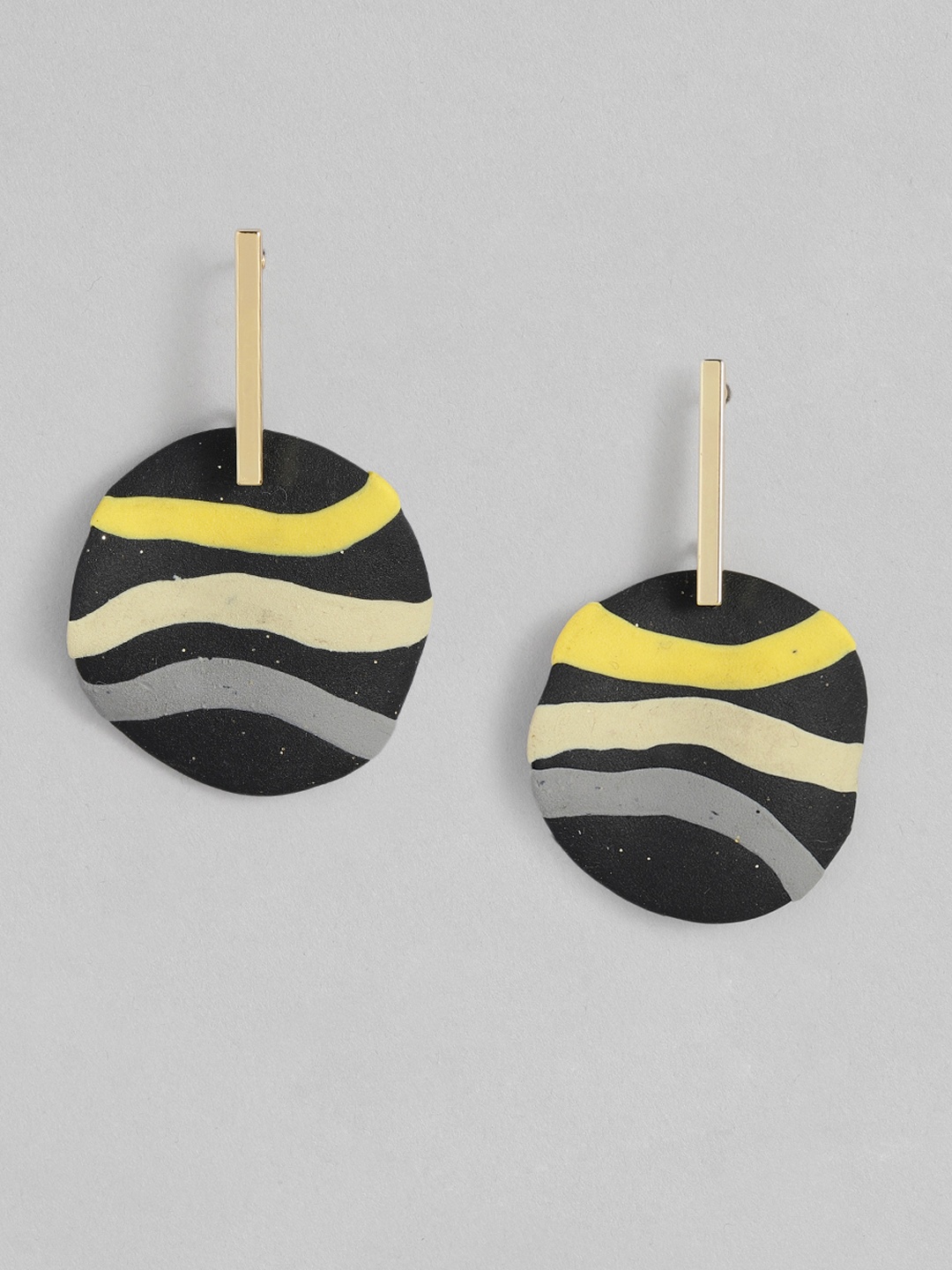 

justpeachy Black & Yellow Gold-Plated Striped Clay Circular Drop Earrings