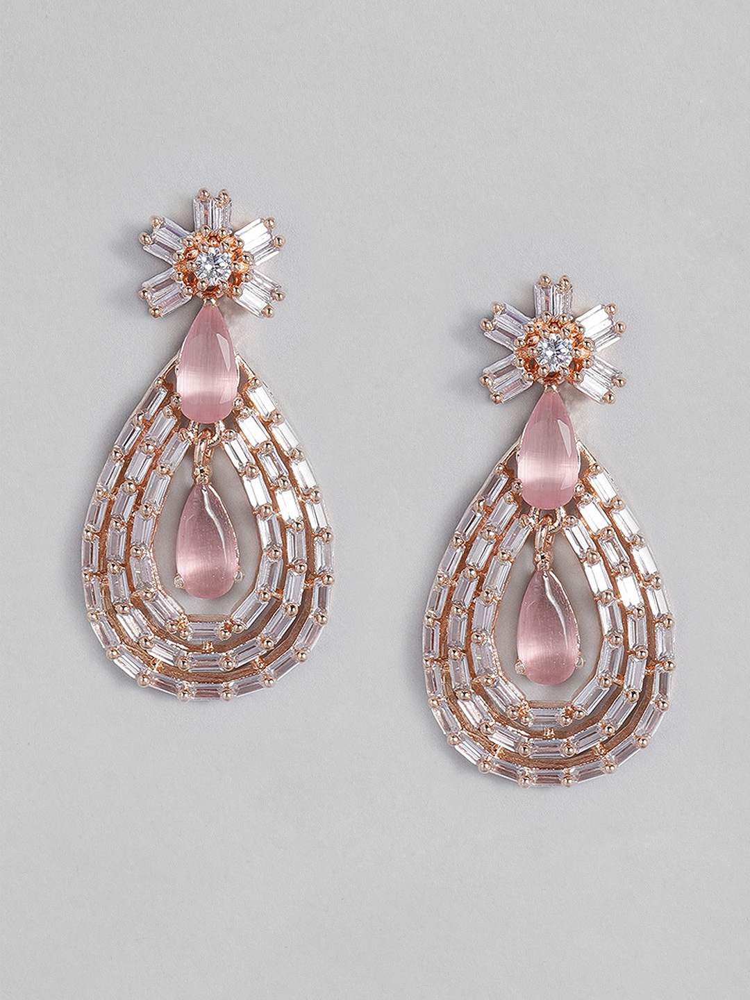 

justpeachy Pink Rose Gold-Plated American Diamond Studded Teardrop Shaped Drop Earrings