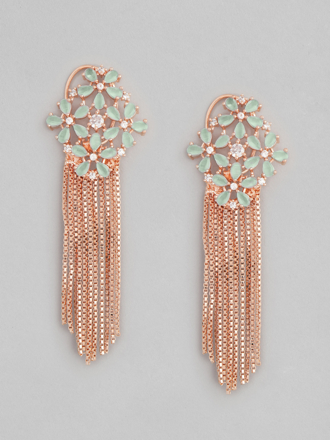 

justpeachy Mint Green & Rose Gold-Plated American Diamond Studded Drop Earrings