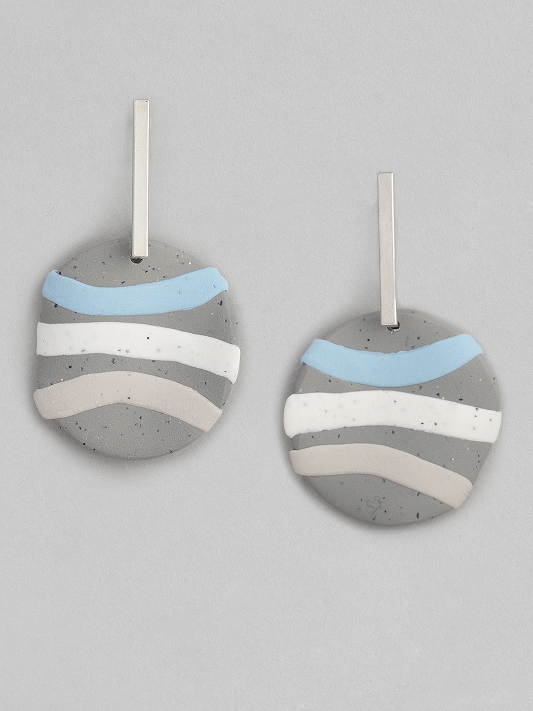 

Just Peachy Grey Silver-Plated Striped Clay Circular Drop Earrings