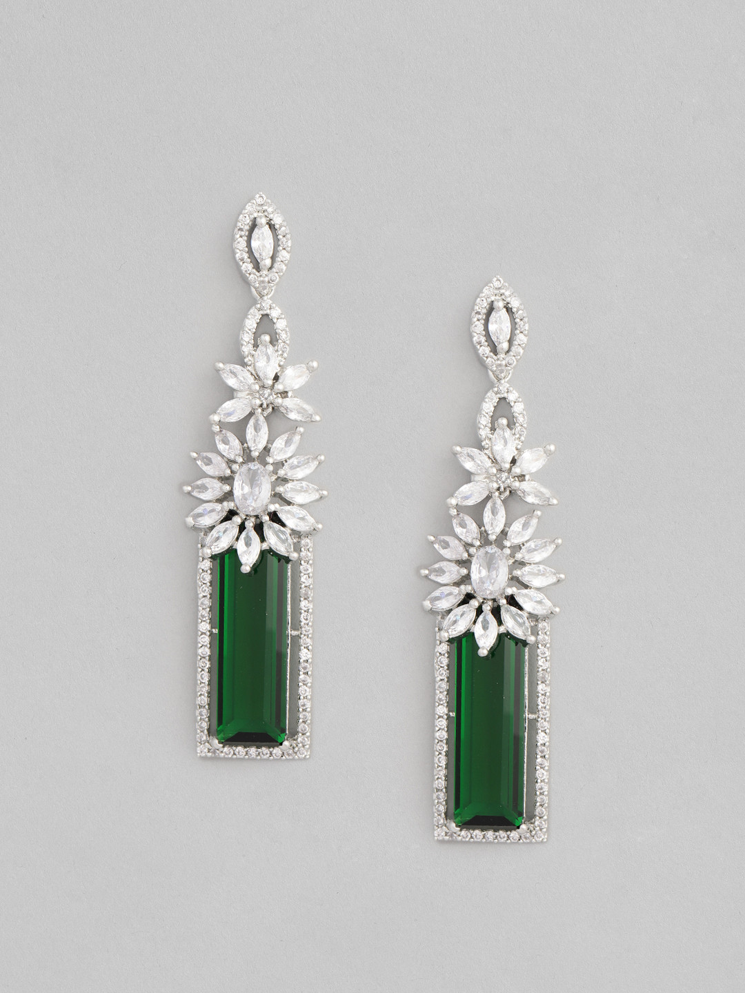 

justpeachy White & Green Rhodium Plated AD Studded Geometric Drop Earrings