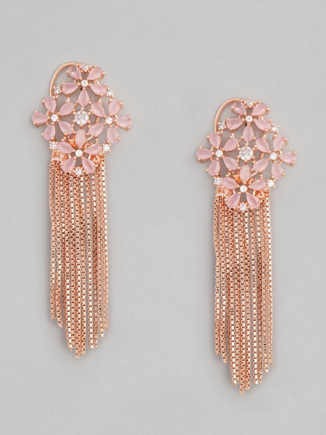 

Justpeachy Pink & Rose Gold-Plated American Diamond Studded Floral Drop Earrings