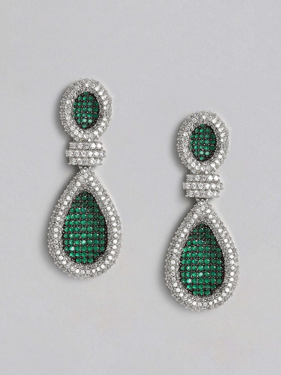 

justpeachy Green & Silver-Toned Rhodium-Plated Cubic Zirconia Teardrop Shape Drop Earrings