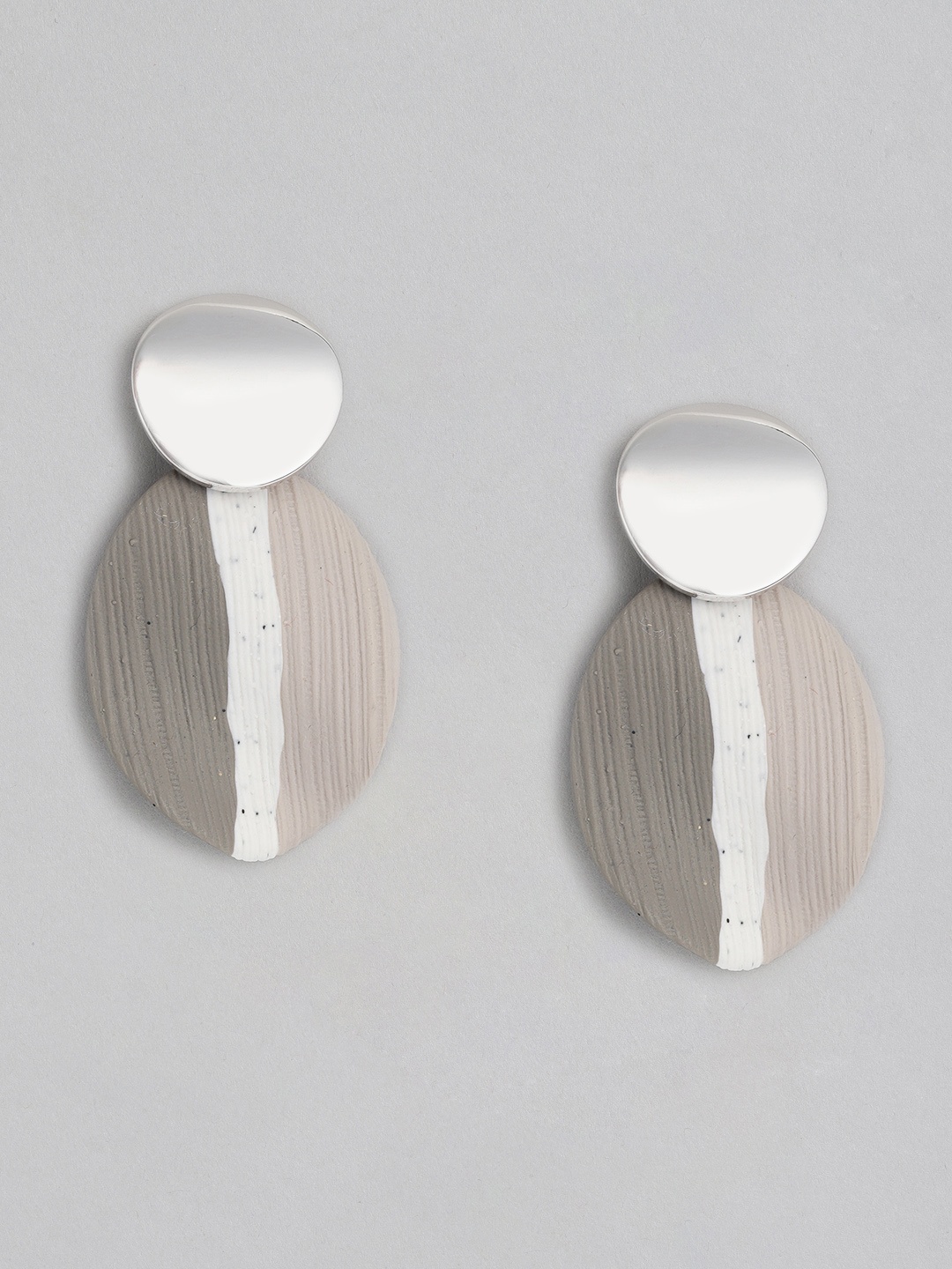 

Justpeachy Grey & Beige Silver-Plated Oval Shape Clay Drop Earrings