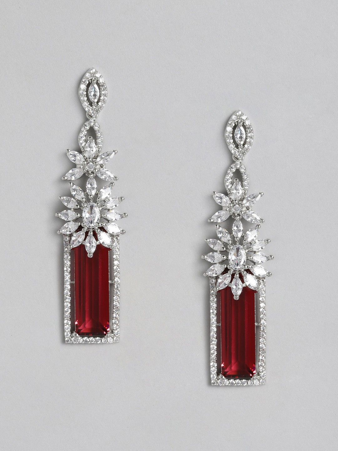 

Justpeachy Silver-Toned & Maroon Rhodium-Plated American Diamond Geometric Drop Earrings