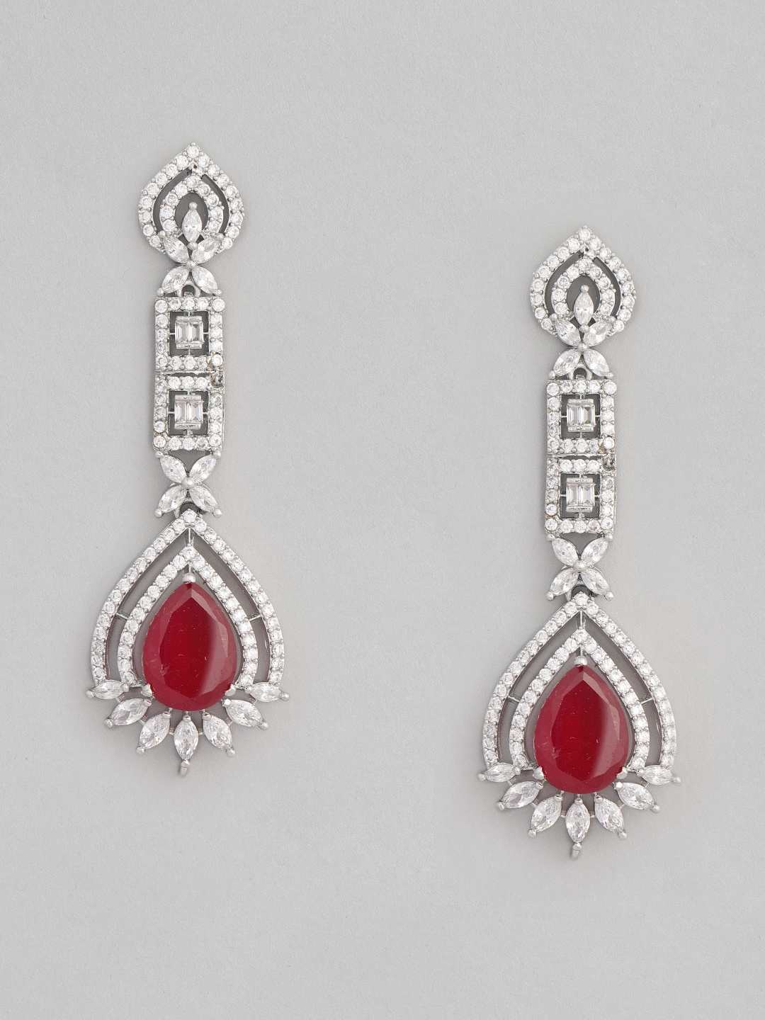 

justpeachy White & Red Rhodium Plated AD Studded Teardrop Shaped Drop Earrings