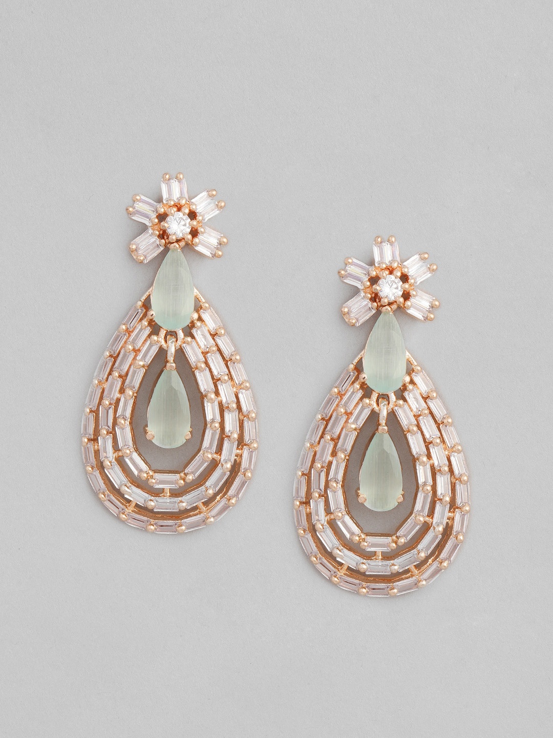 

Justpeachy Green & Gold-Plated American Diamond Studded Teardrop Shaped Drop Earrings