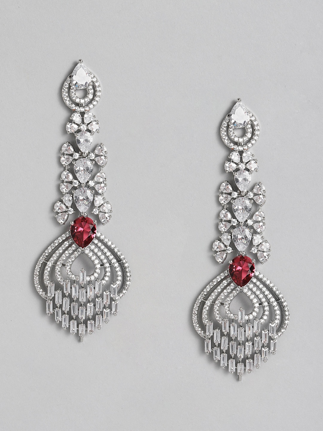

Justpeachy Silver-Toned & Maroon Rhodium-Plated American Diamond Drop Earrings
